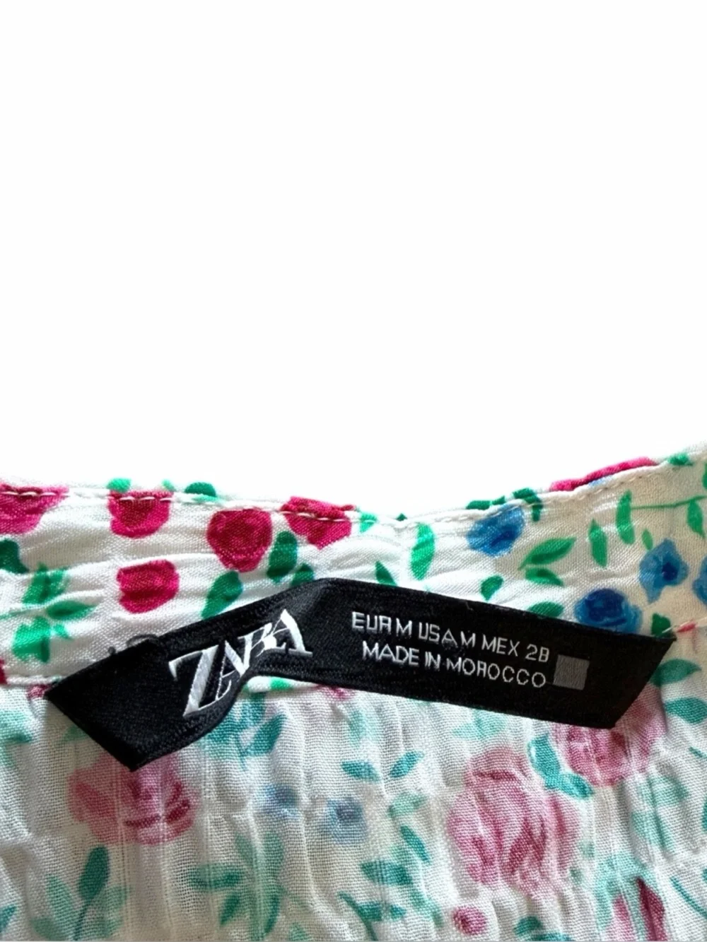 Zara White Floral Print Multi Color Crinkle V-Neck Puff Short Sleeve Top Blouse